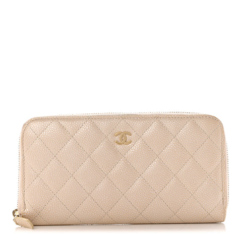Iridescent Caviar Quilted Large Gusset Zip Around Wallet Beige