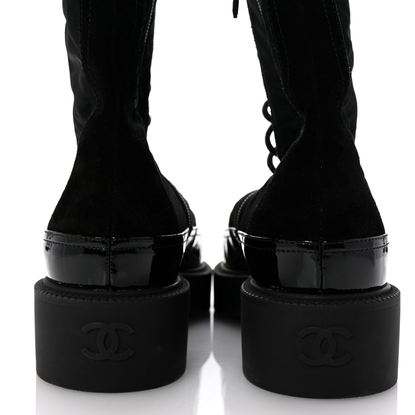 Nylon Suede Patent Calfskin Womens CC Lace Up Boots 38.5 Black