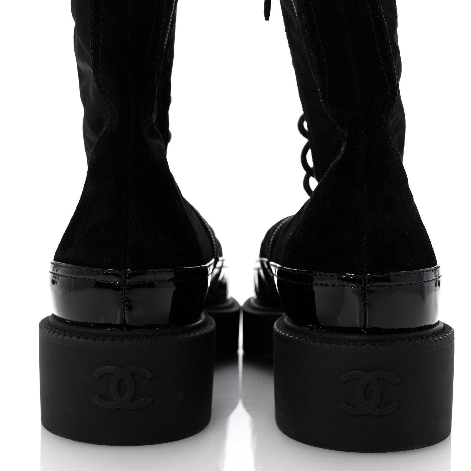 Chanel Nylon Suede Patent Calfskin Womens CC Lace Up Boots 38.5 Black 6 of 10
