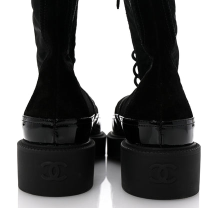 Chanel Nylon Suede Patent Calfskin Womens CC Lace Up Boots 38.5 Black 6 of 10
