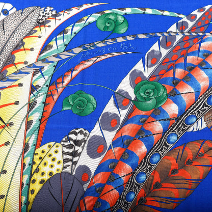 Hermes Cashmere Silk Plumes En Fete Shawl 140 Bleu Roy Jaune Rouge 2 of 7