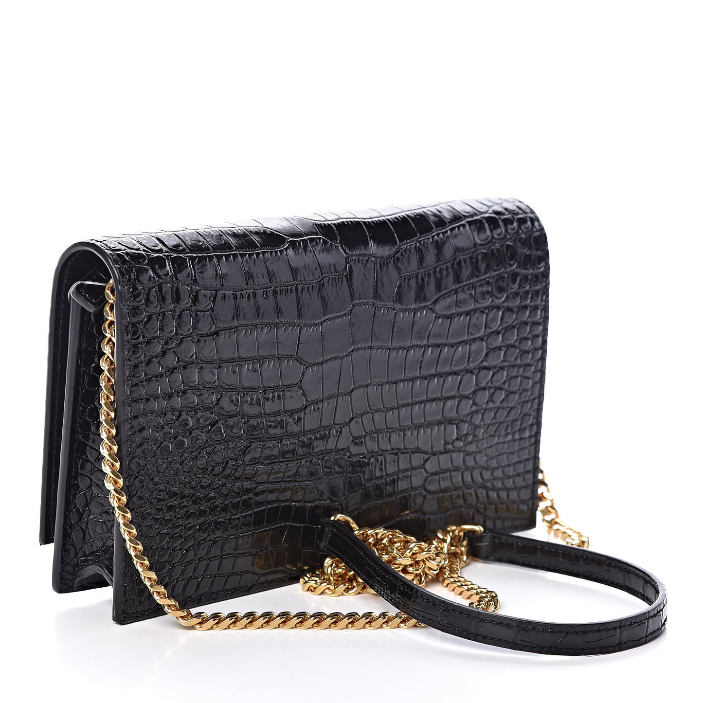 Calfskin Crocodile Embossed Kate Monogram Tassel Chain Wallet Black