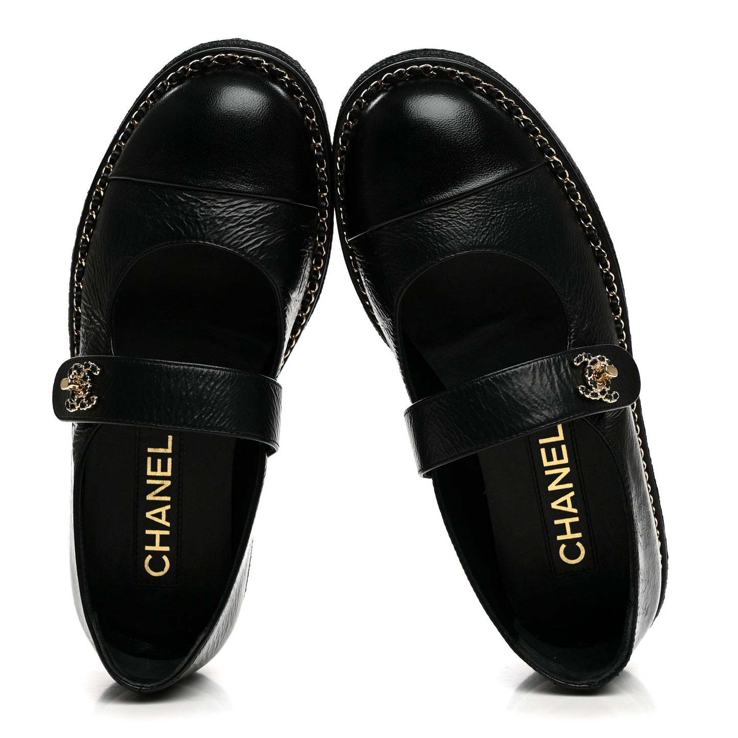 Crumpled Lambskin Cap Toe Chain CC Turnlock Mary Jane Flats 35 Black