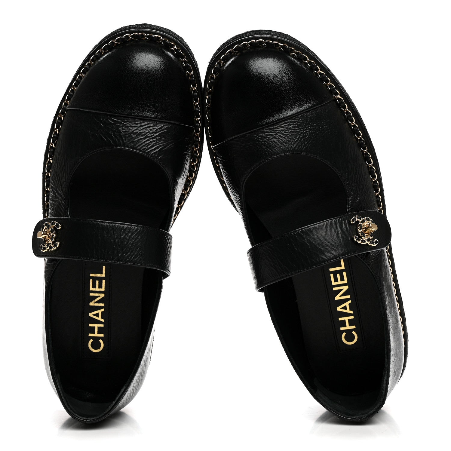 Chanel Crumpled Lambskin Cap Toe Chain CC Turnlock Mary Jane Flats 35 Black 2 of 8