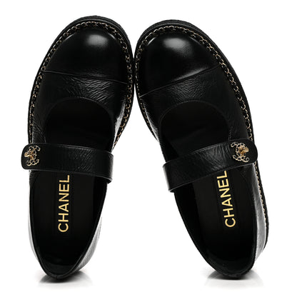 Chanel Crumpled Lambskin Cap Toe Chain CC Turnlock Mary Jane Flats 35 Black 2 of 8