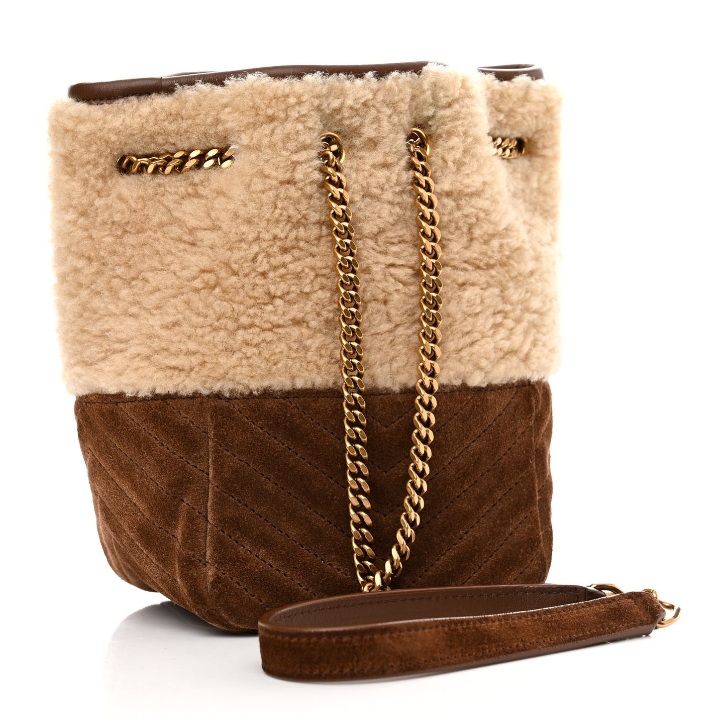 Shearling Suede Monogram Joe Nano Bucket Bag Dark Cigar Natural Beige