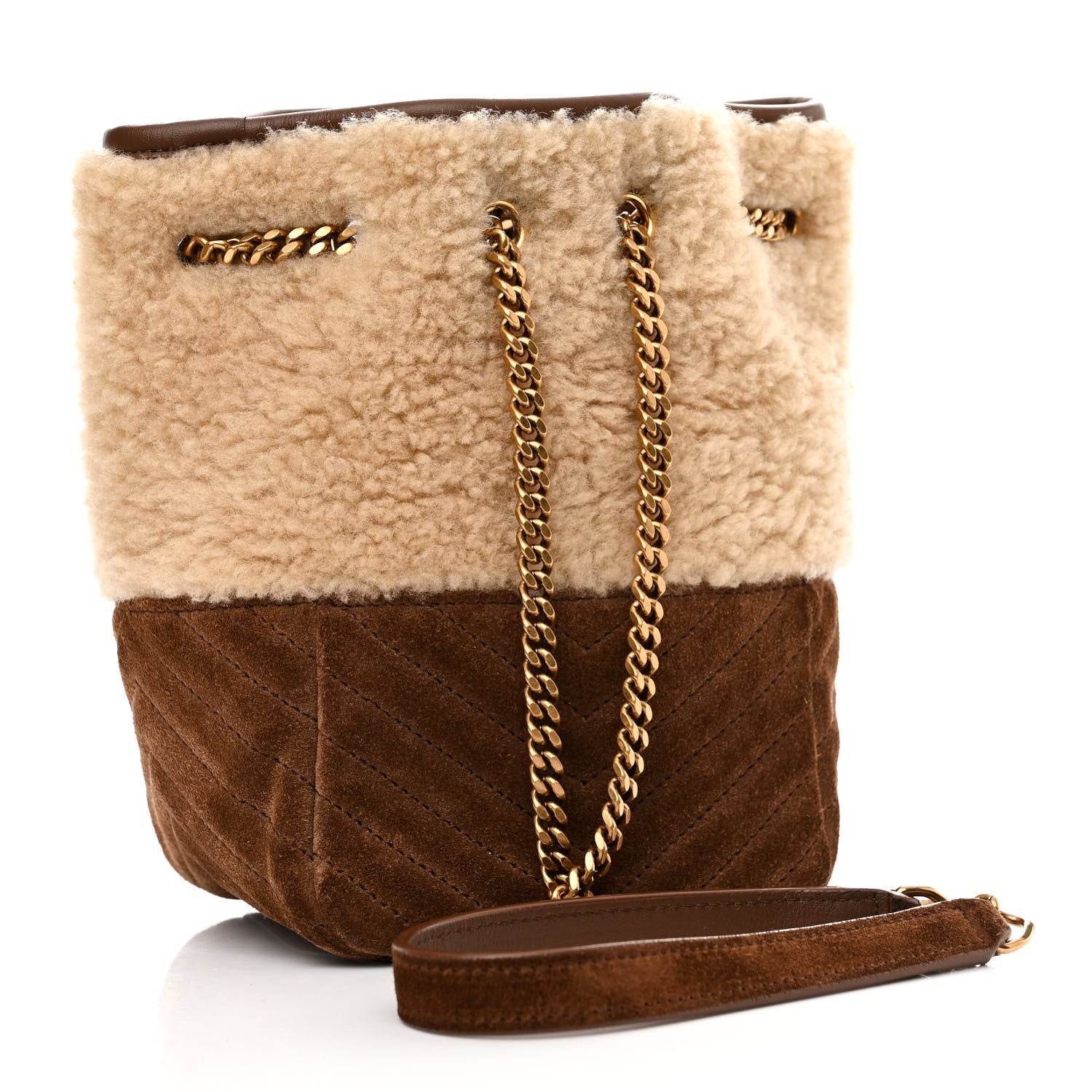 Saint Laurent Shearling Suede Monogram Joe Nano Bucket Bag Dark Cigar Natural Beige 3 of 11