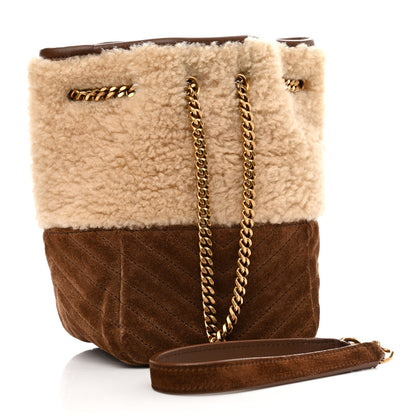 Saint Laurent Shearling Suede Monogram Joe Nano Bucket Bag Dark Cigar Natural Beige 3 of 11