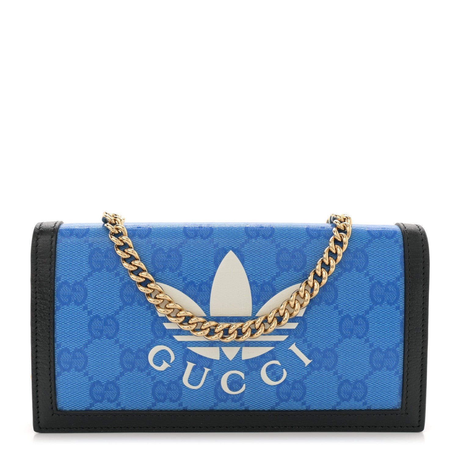 Gucci X ADIDAS Monogram Textured Dollar Calfskin Trefoil Embossed Wallet On Chain Blue 1 of 11