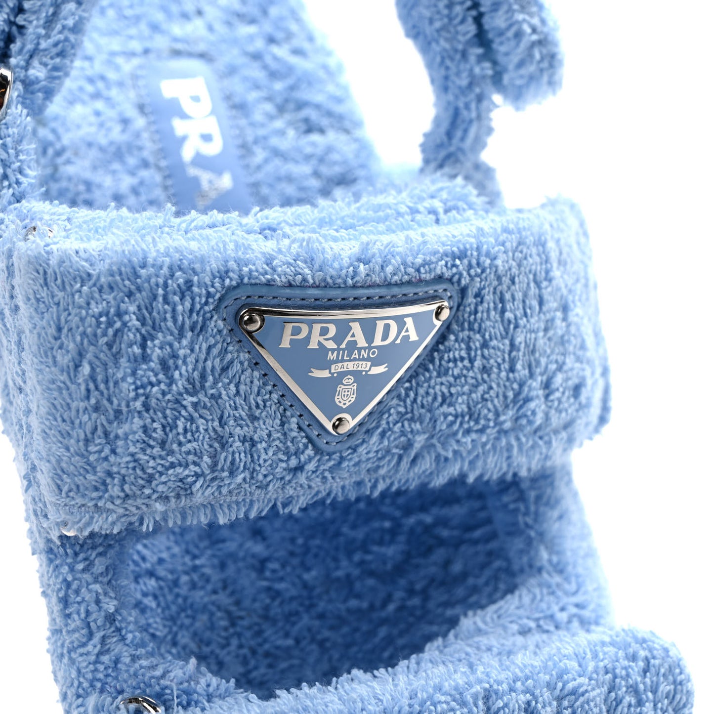 Terry Cloth Metal Triangle Logo Double Strap Slingback Lug Sole 20mm Sandals 41 Celeste