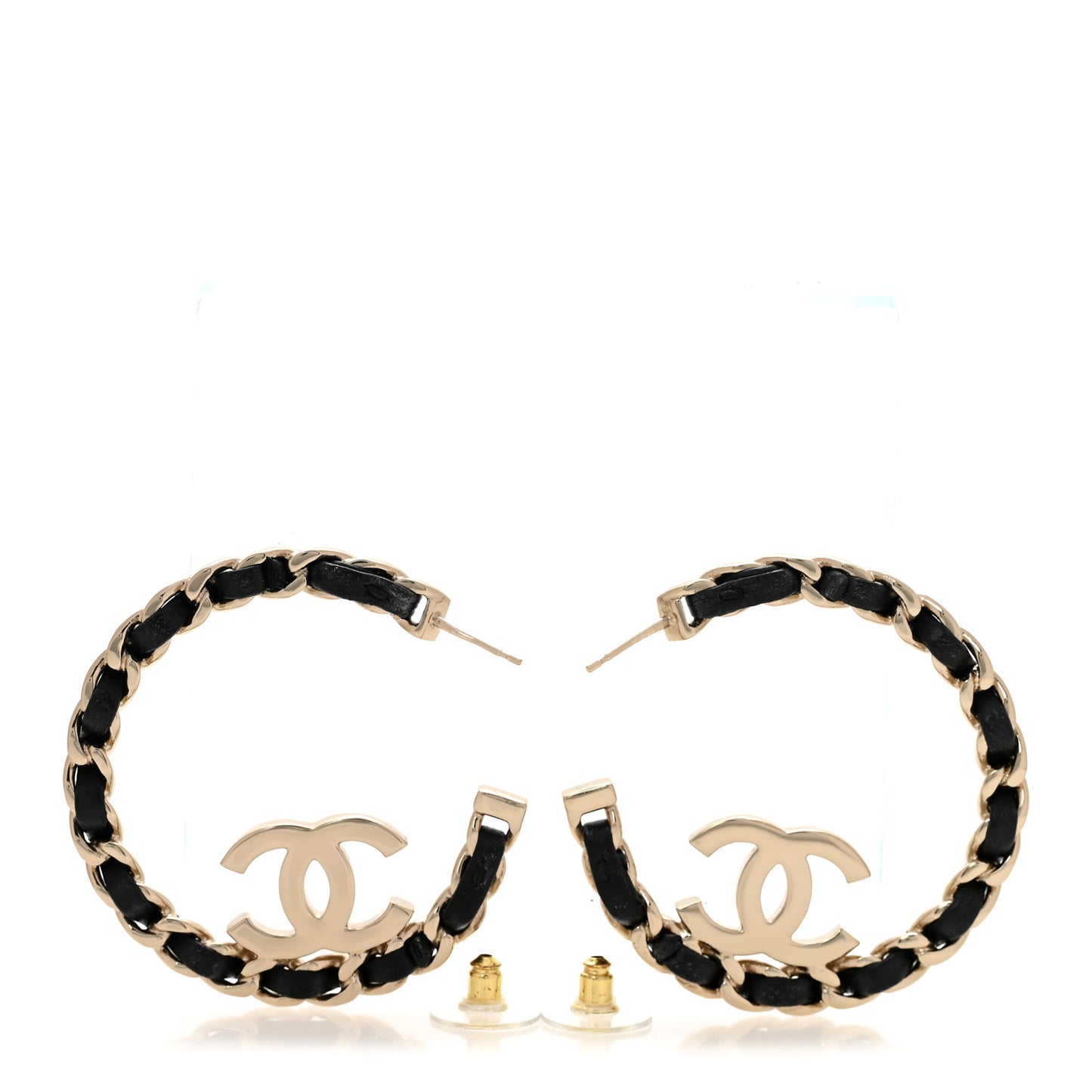 Metal Lambskin Quilted CC Chain Hoop Earrings Gold Black