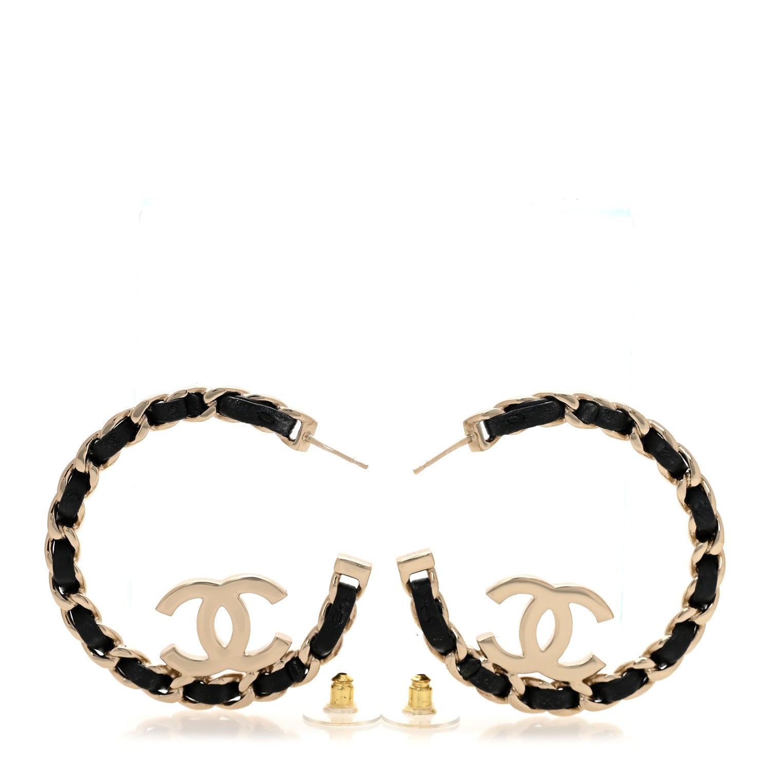 Chanel Metal Lambskin Quilted CC Chain Hoop Earrings Gold Black 3 of 6