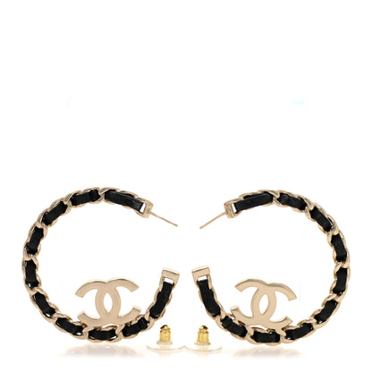 Chanel Metal Lambskin Quilted CC Chain Hoop Earrings Gold Black 3 of 6