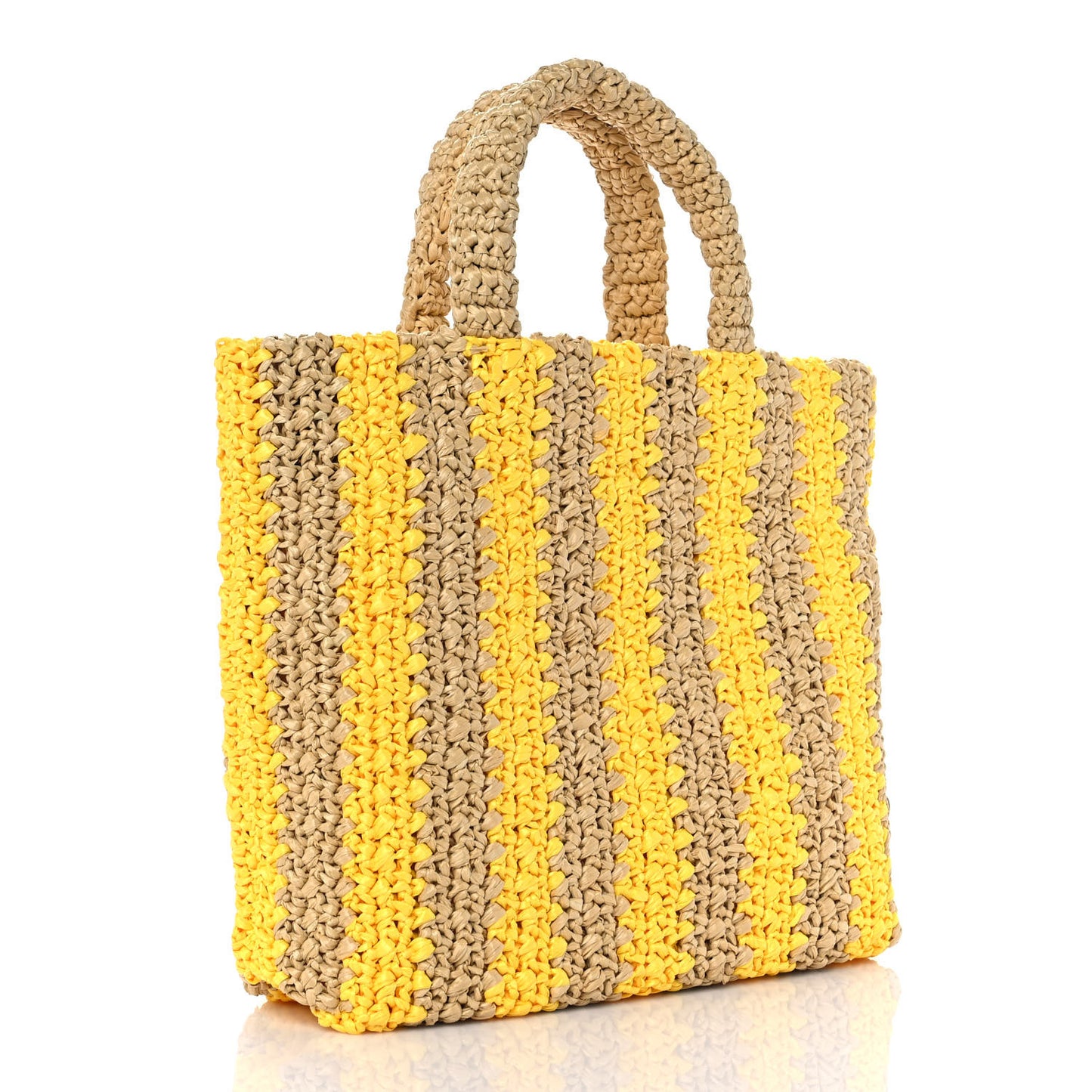 Yarn Raffia Effect Crochet Striped Small Logo Tote Naturale Giallo