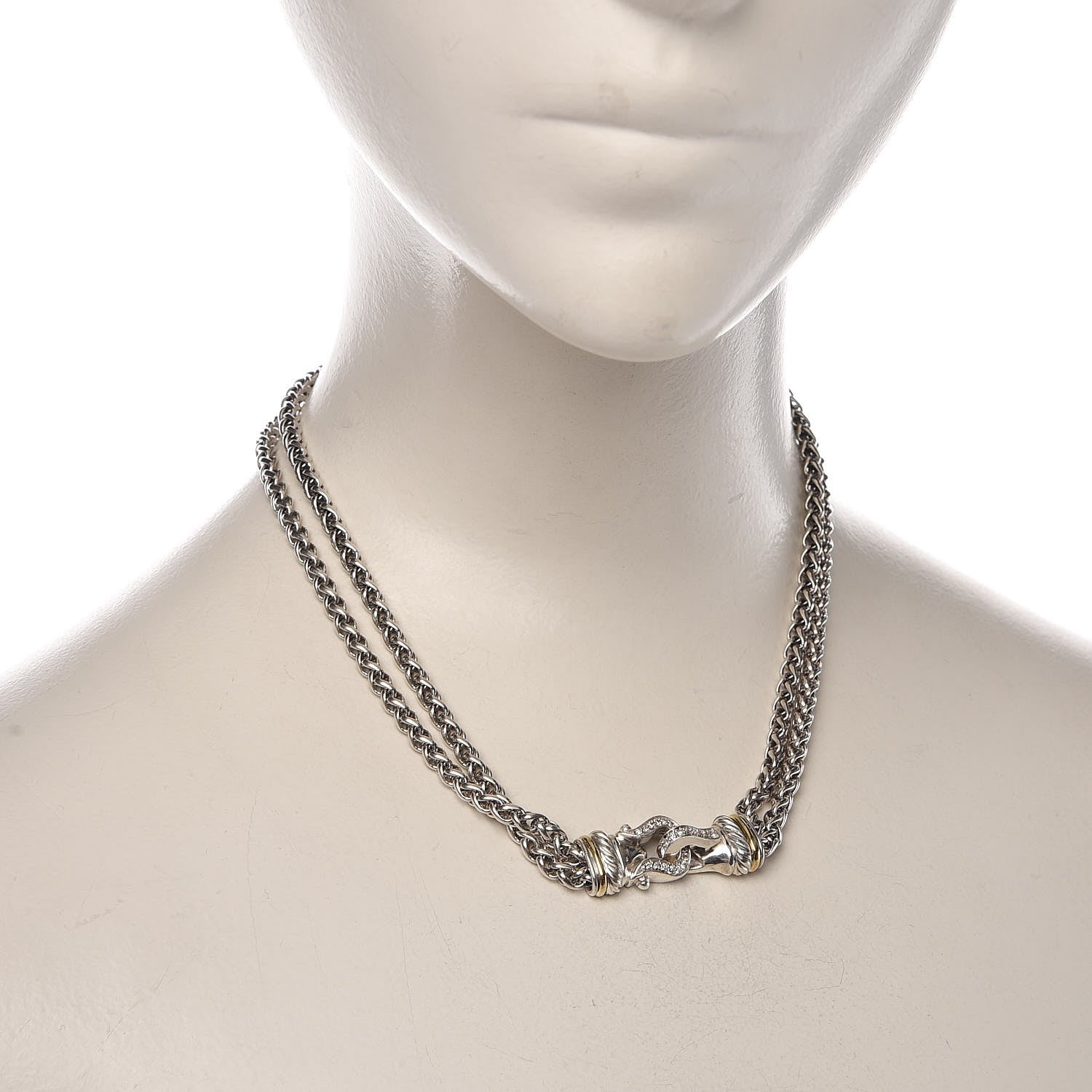 David Yurman Sterling Silver 18K Yellow Gold Diamond Double Wheat Buckle Necklace 2 of 5