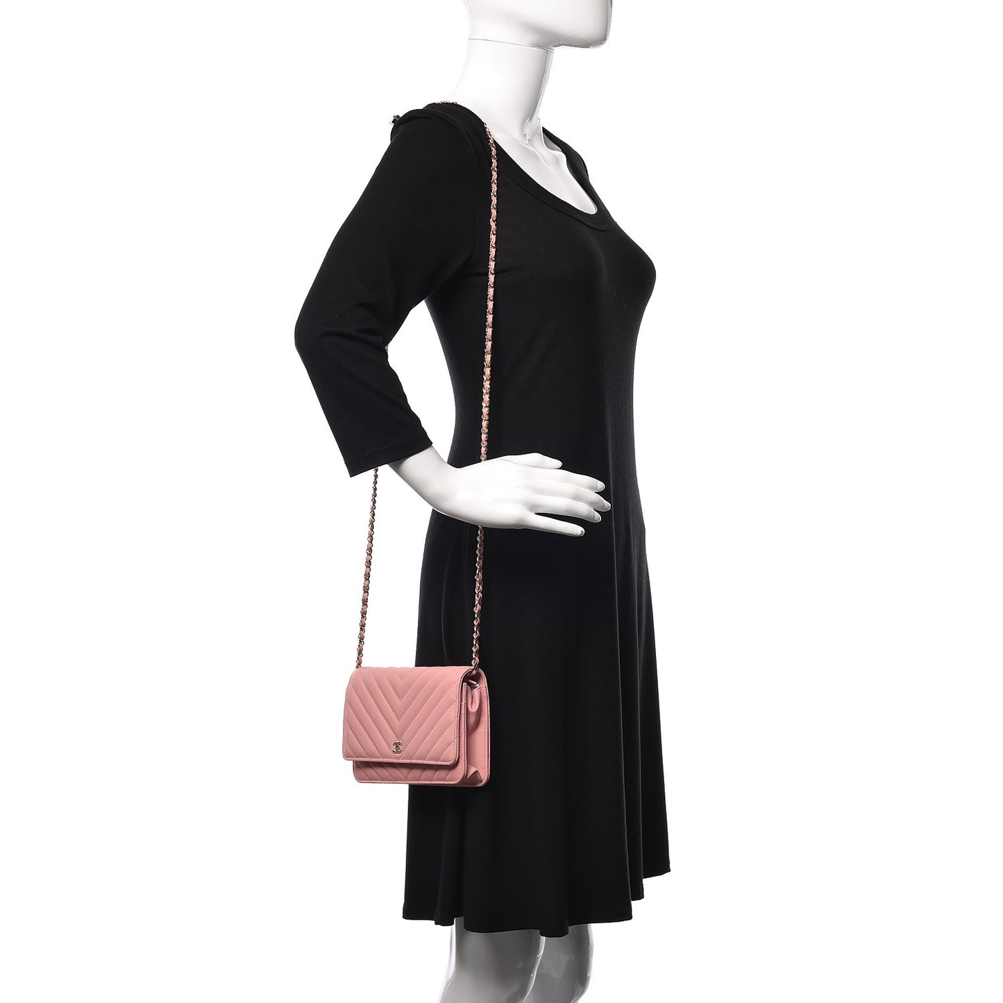 Iridescent Caviar Chevron Quilted Wallet On Chain WOC Pink
