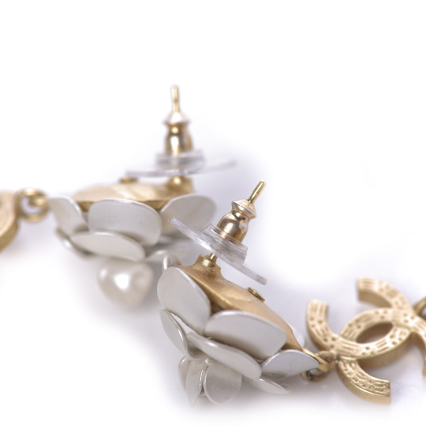 Metal Crystal Pearl 90s Camellia CC Drop Earrings Gold