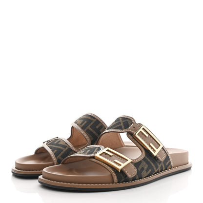 Fendi Fabric Jacquard Nappa FF Womens Fendi Feel Buckled Slide Sandals 41 Tobacco Black Miele Scuro 6 of 18
