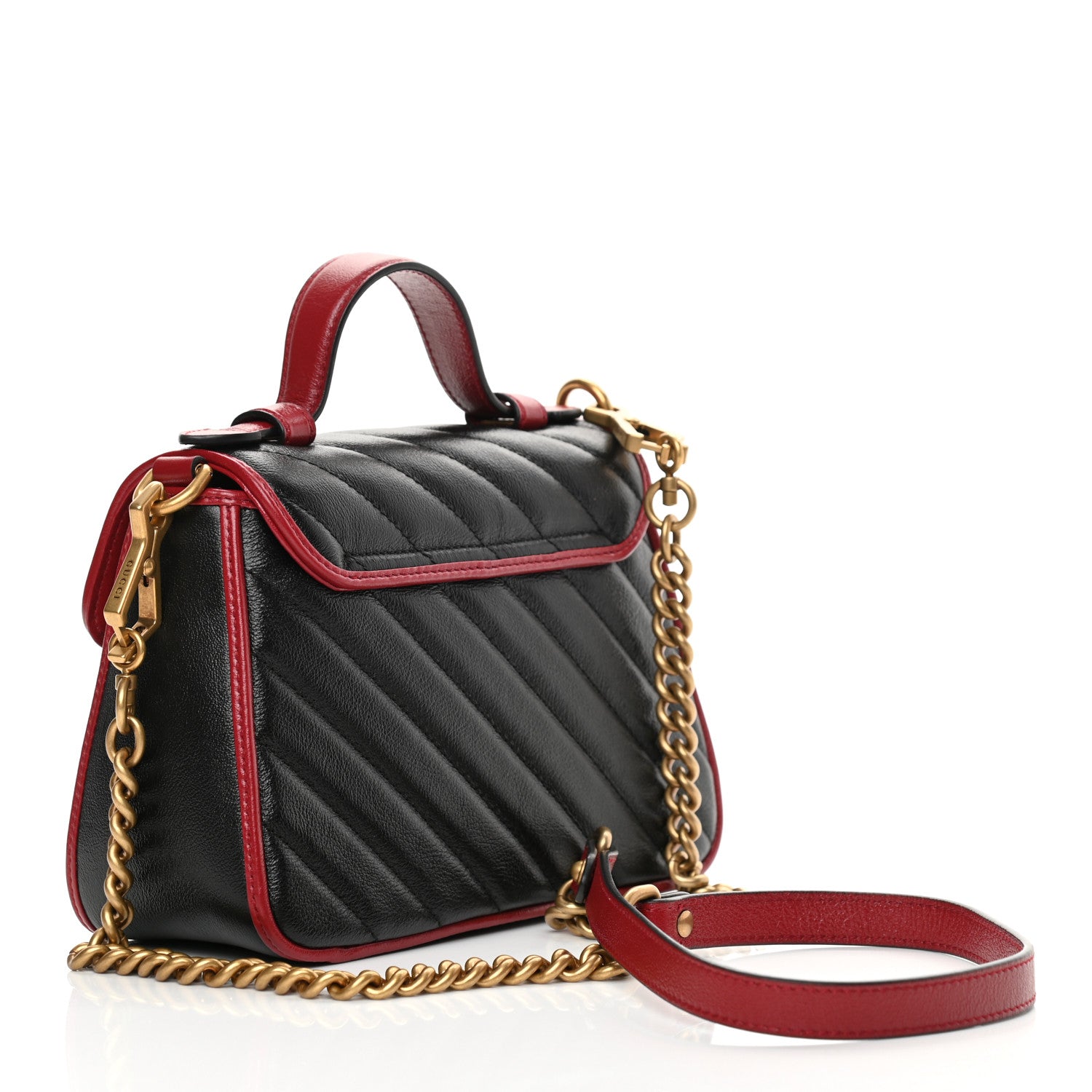 Gucci Vintage Effect Calfskin Matelasse Diagonal Mini Torchon GG Marmont Top Handle Shoulder Bag Black Romantic Cherry 3 of 11