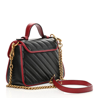Gucci Vintage Effect Calfskin Matelasse Diagonal Mini Torchon GG Marmont Top Handle Shoulder Bag Black Romantic Cherry 3 of 11