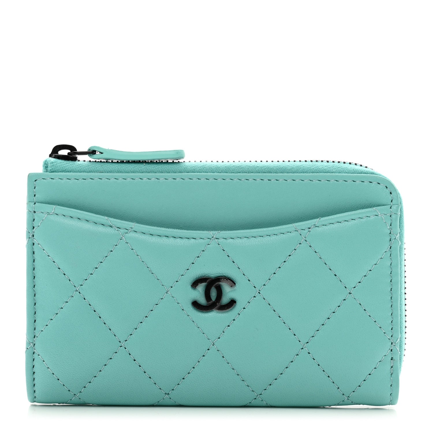 Chanel Lambskin Quilted CC Zip Around Card Holder Turquoise 1 of 8