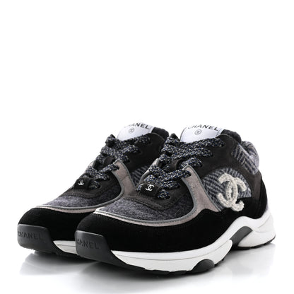 Chanel Tweed Suede Womens CC Sneakers 36 Black Grey 3 of 16