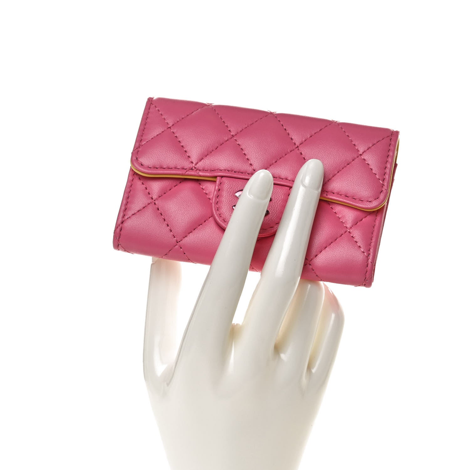 Chanel Lambskin Quilted Flap Card Holder Wallet Pink Yellow 2 of 11