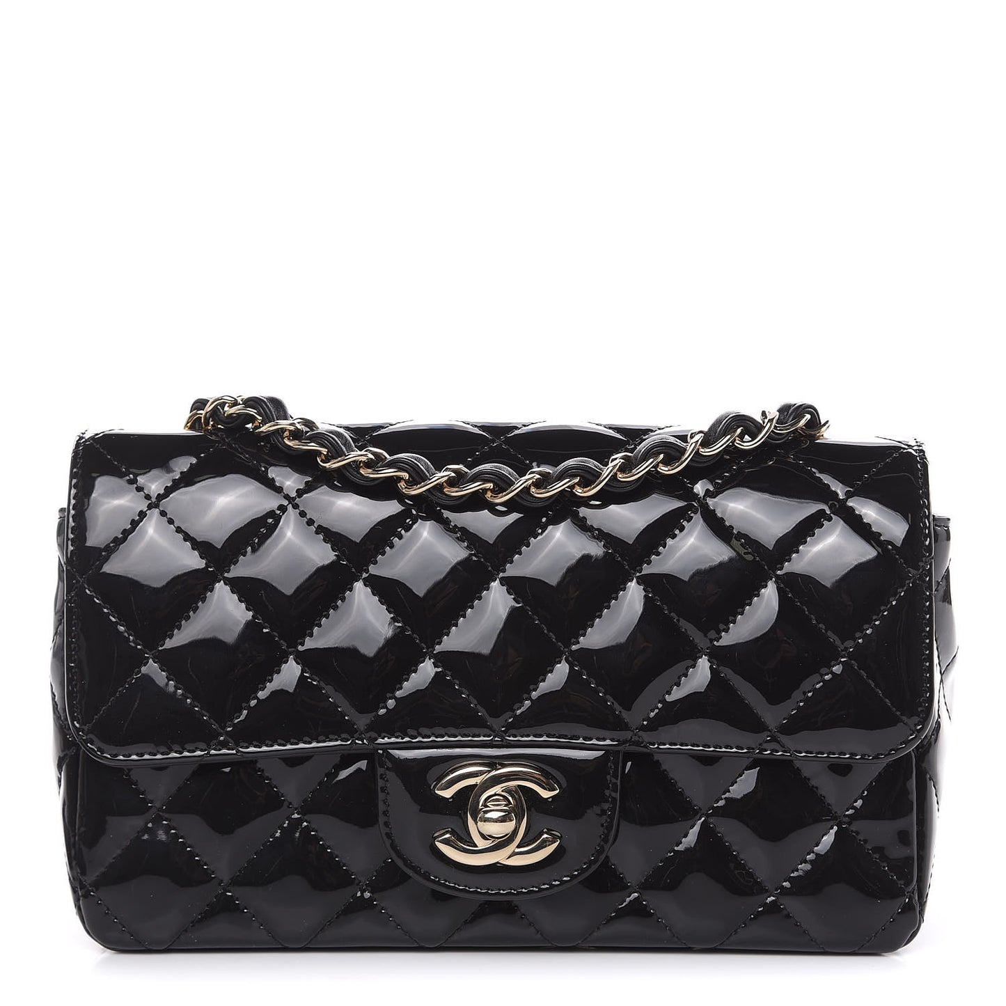 Patent Calfskin Quilted Mini Rectangular Flap Black