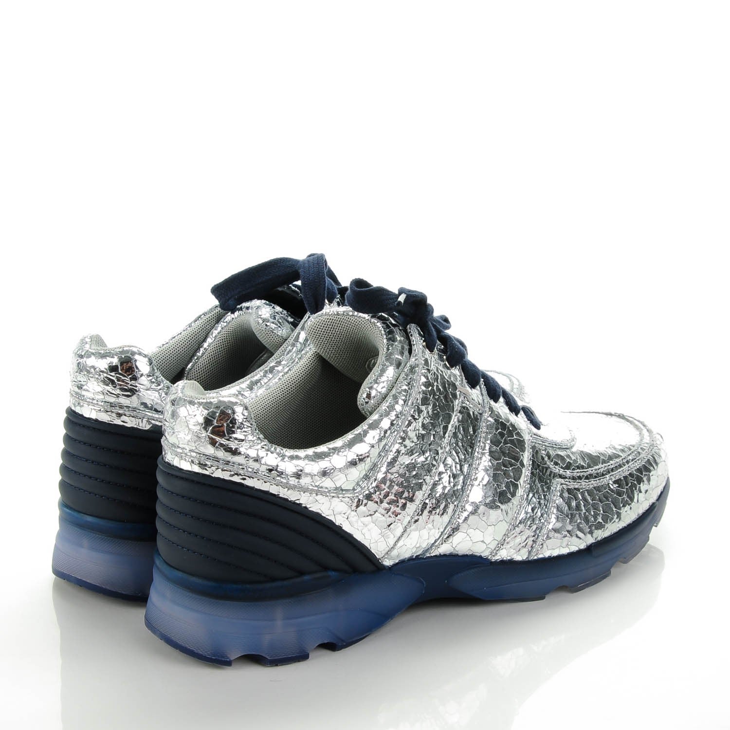Chanel Metallic Crackled Calfskin CC Sneakers 42 Silver Black Navy 5 of 8