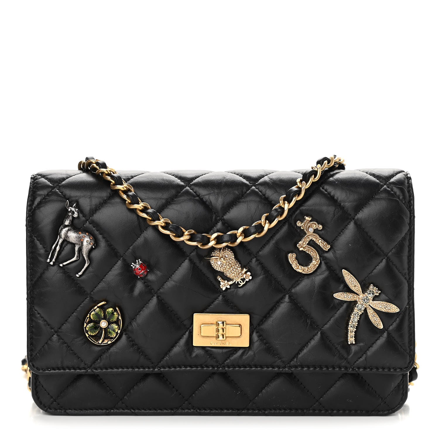 Chanel Aged Calfskin Quilted Lucky Charms 2.55 Reissue Wallet On Chain WOC Black 1 of 16