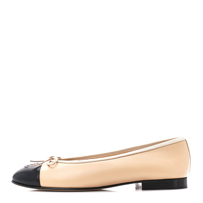 Chanel Lambskin Cap Toe CC Ballerina Flats 38.5 Beige Black 1 of 10