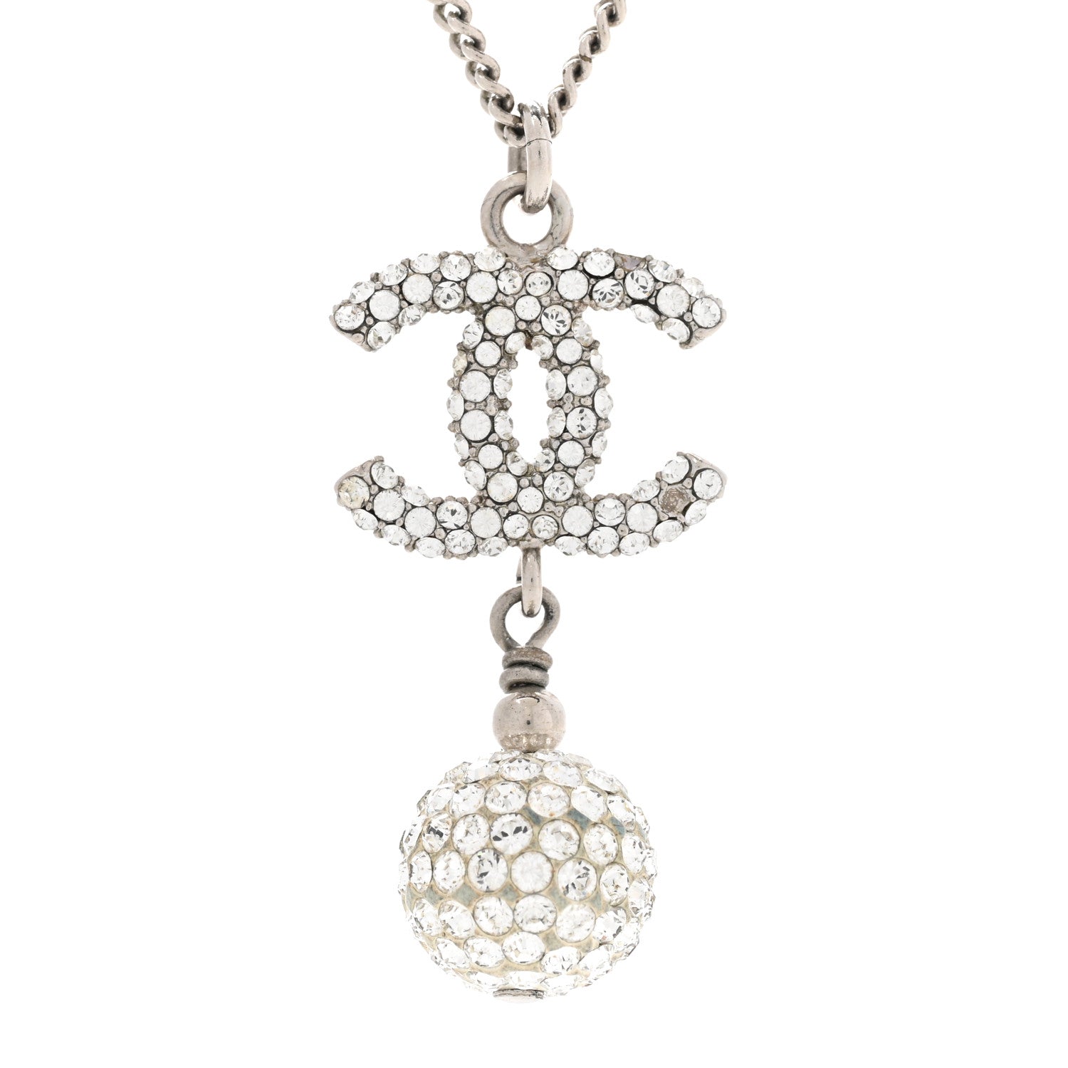 Chanel Crystal CC Ball Pendant Necklace Silver 4 of 9