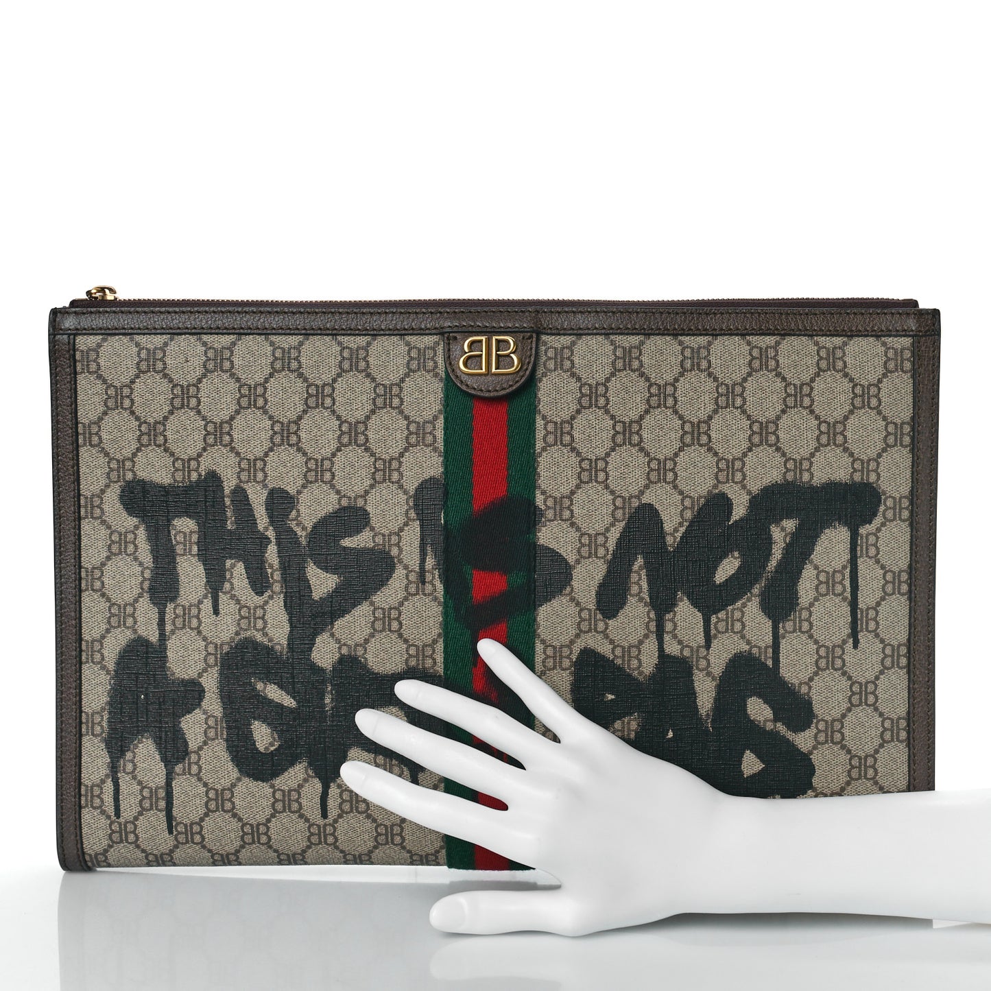 X BALENCIAGA BB Monogram Web Graffiti Ophidia Laptop Pouch Beige New Acero