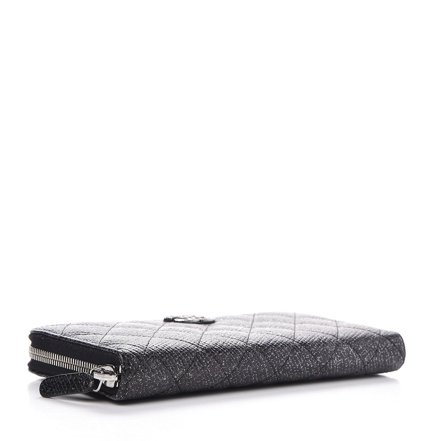 Glittered Calfskin Quilted Large Gusset Zip Wallet Black