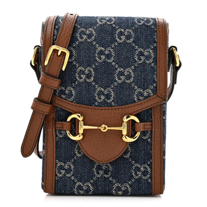 Gucci New Denim GG Monogram Dollar Calfskin Mini Horsebit 1955 Crossbody Bag Blue Tea Cuir Epilog 1 of 11