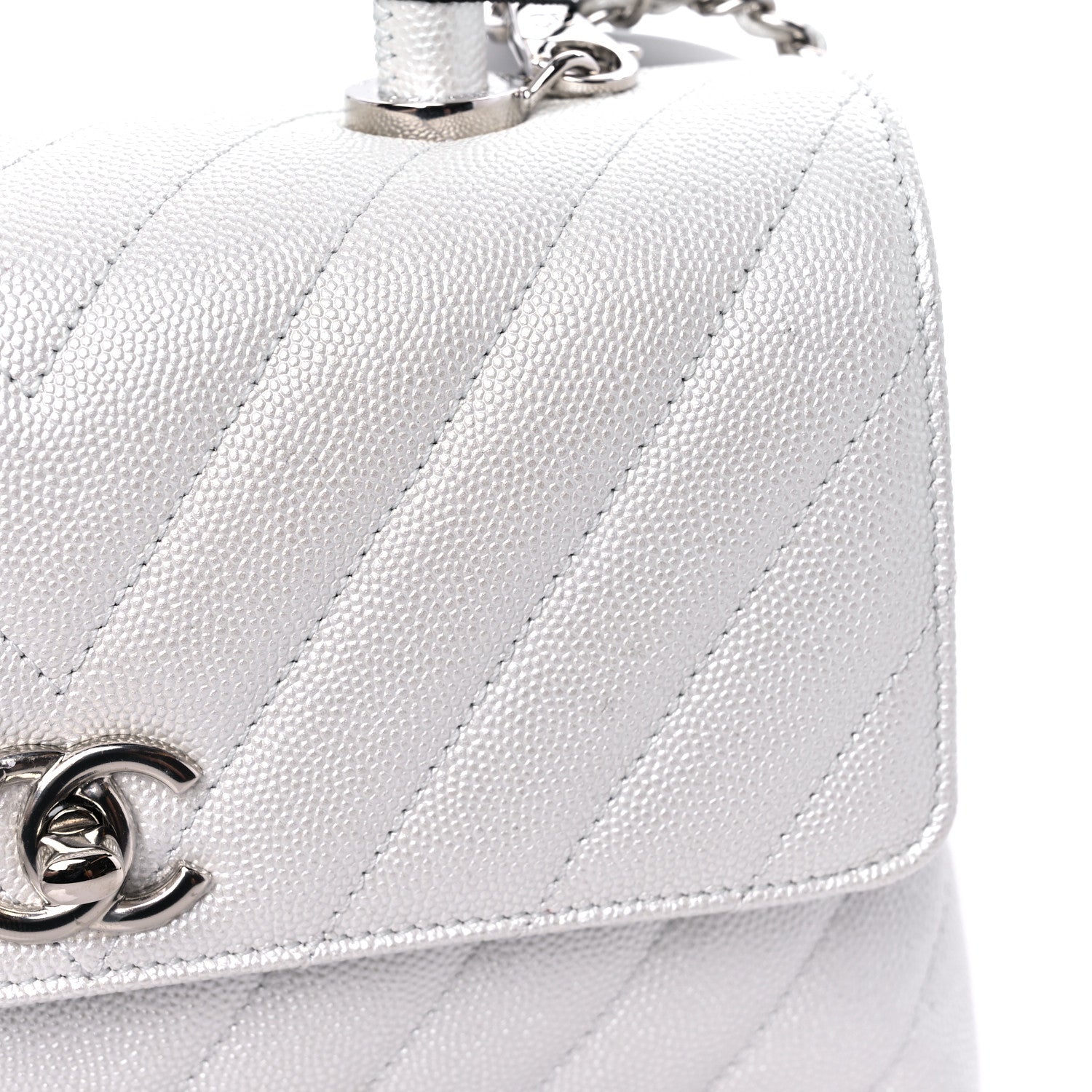 Chanel Iridescent Caviar Chevron Quilted Mini Coco Handle Flap White 10 of 10