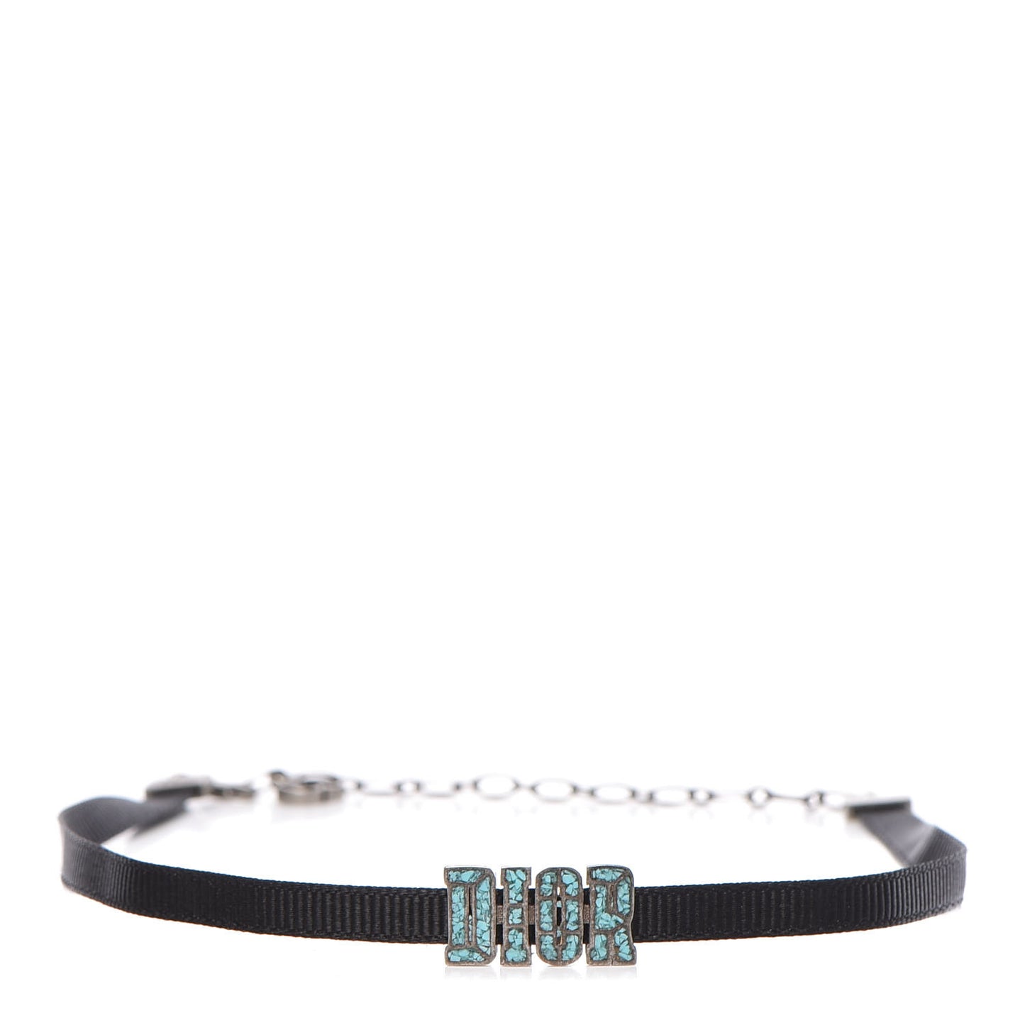 Grosgrain Ribbon Crystal Dior Logo Choker Necklace Black Turquoise