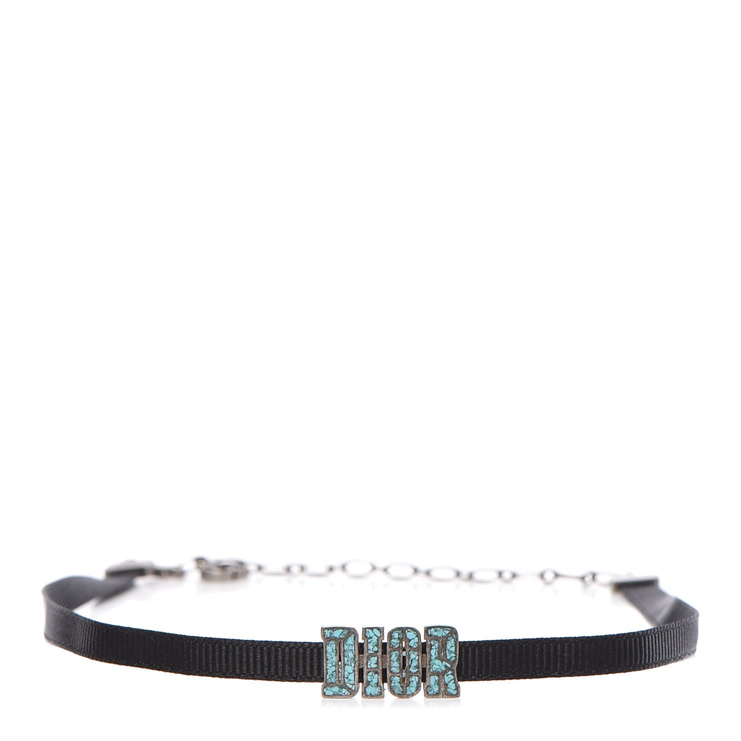 Christian Dior Grosgrain Ribbon Crystal Dior Logo Choker Necklace Black Turquoise 1 of 5