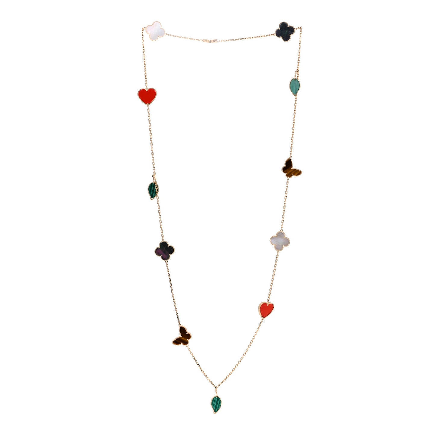 18K Yellow Gold Mother of Pearl Malachite Carnelian Tiger Eye 12 Motif Lucky Alhambra Necklace