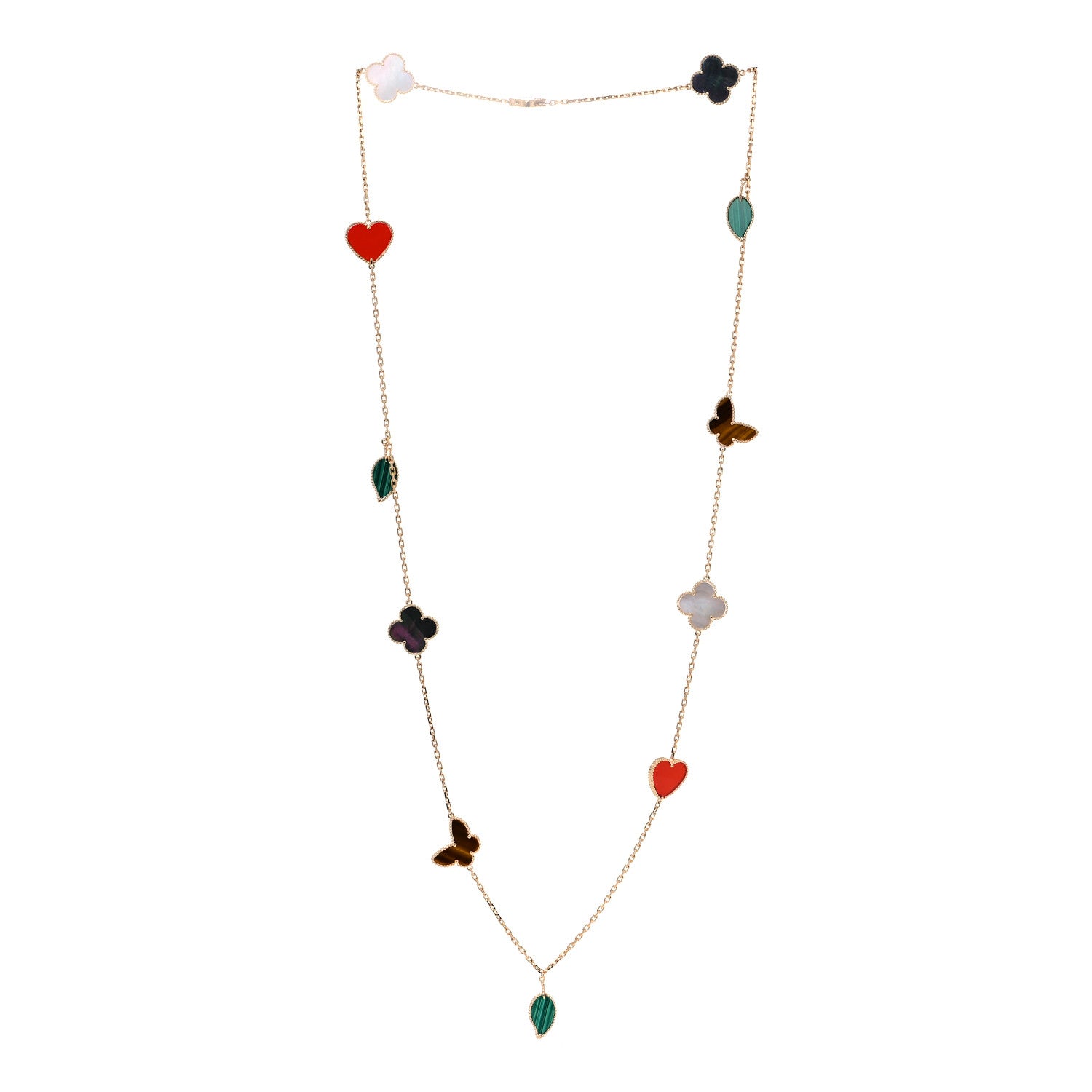 Van Cleef & Arpels 18K Yellow Gold Mother of Pearl Malachite Carnelian Tiger Eye 12 Motif Lucky Alhambra Necklace 3 of 7
