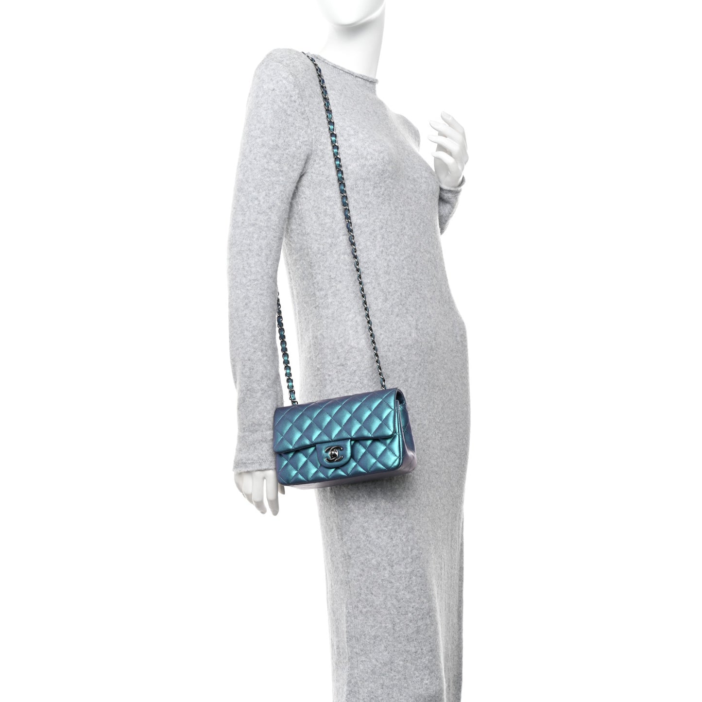 Iridescent Lambskin Quilted Mini Rectangular Flap Turquoise
