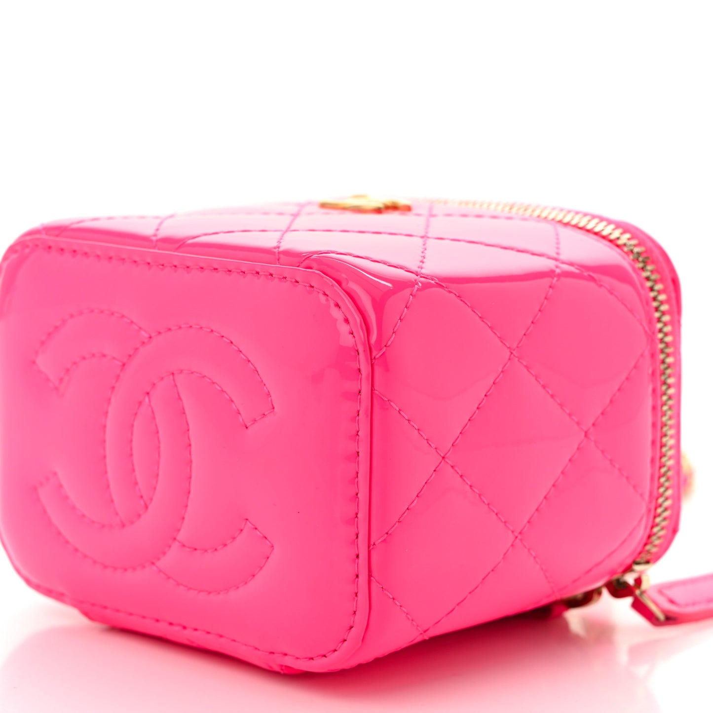 Patent Quilted Pearl Crush Mini Vanity Case With Chain Neon Pink