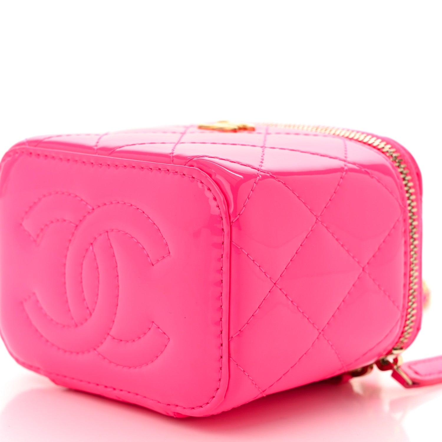 Chanel Patent Quilted Pearl Crush Mini Vanity Case With Chain Neon Pink 10 of 11