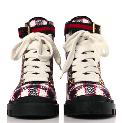 Gucci Vintage Tweed Check Lace Up Combat Ankle Boots 38 White Hibiscus Red Marine 2 of 8