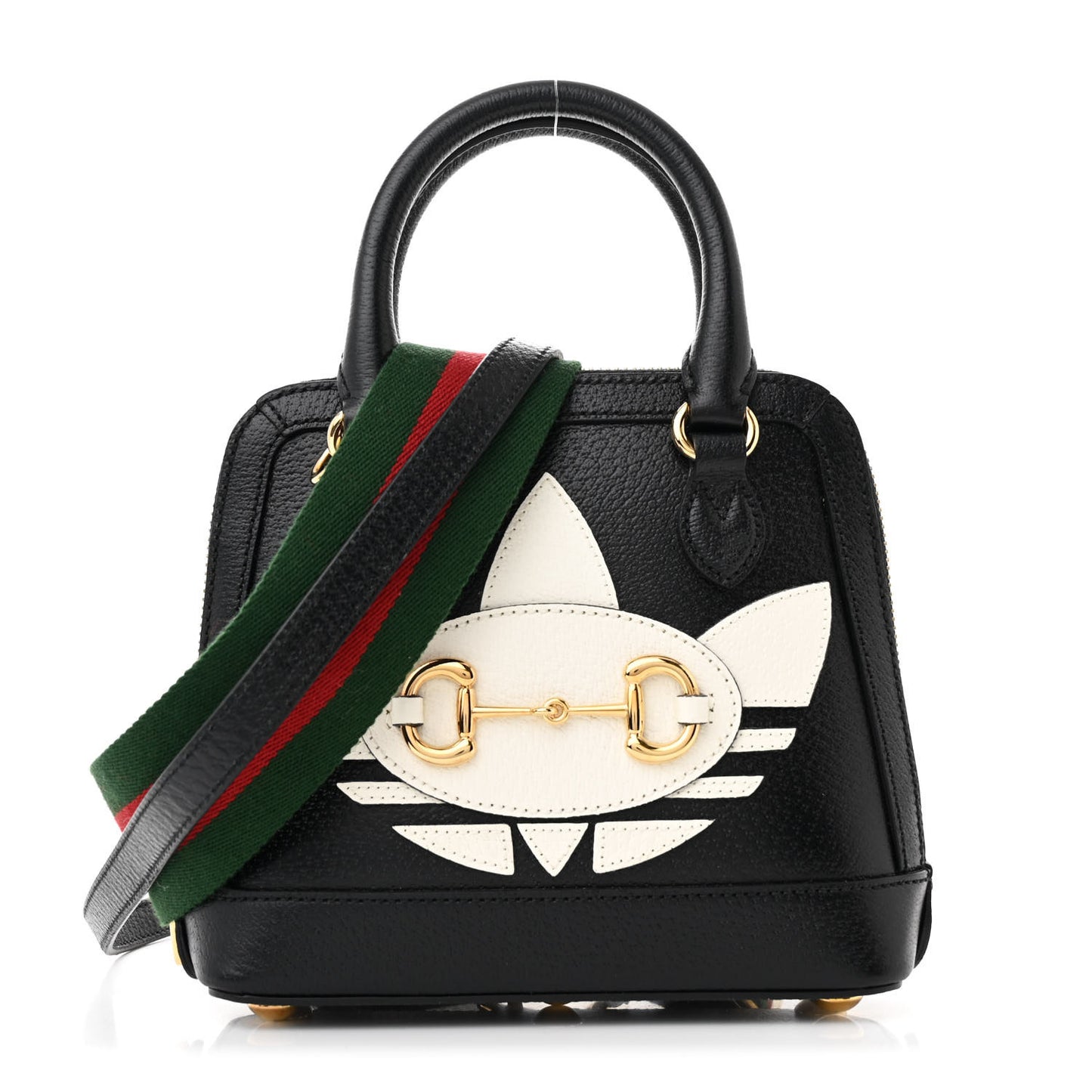 X ADIDAS Textured Dollar Calfskin Web Trefoil Mini Horsebit 1955 Top Handle Bag Black Off White