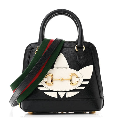 Gucci X ADIDAS Textured Dollar Calfskin Web Trefoil Mini Horsebit 1955 Top Handle Bag Black Off White 1 of 10