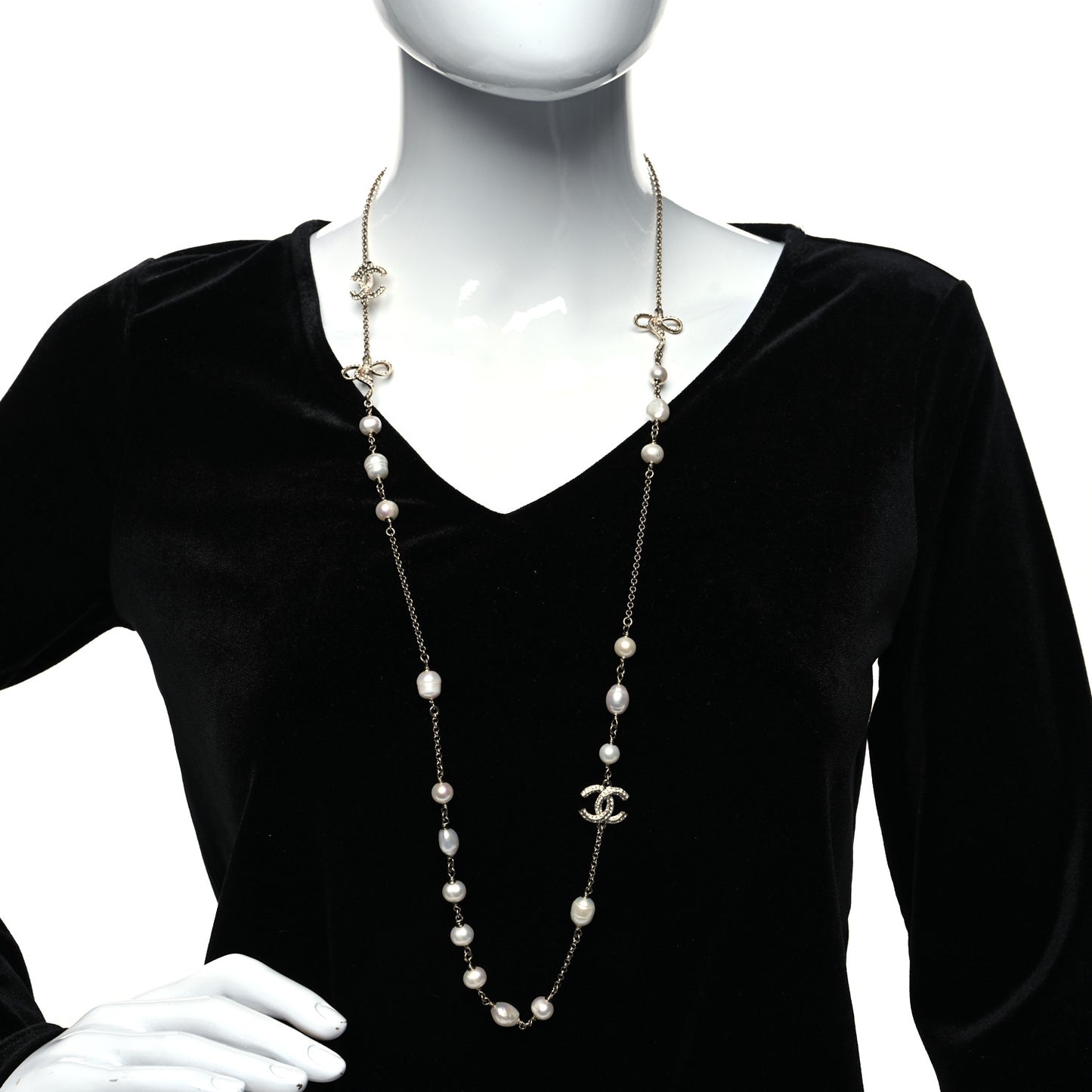 Crystal Pearl CC Bow Long Necklace Light Gold