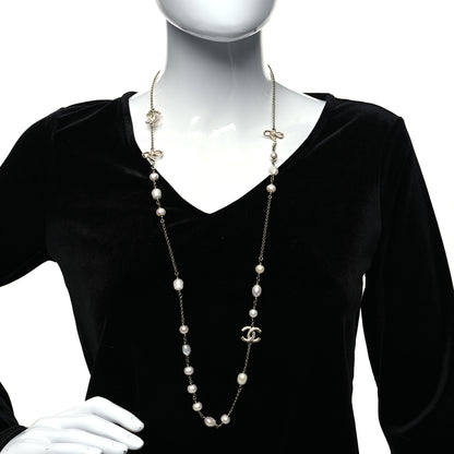 Chanel Crystal Pearl CC Bow Long Necklace Light Gold 2 of 5
