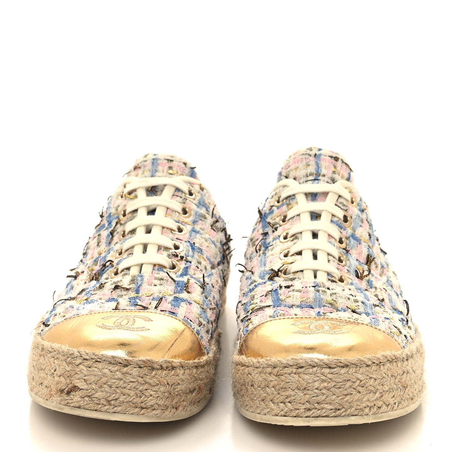 Tweed Laminated Lambskin Lace Up Espadrilles 39 Pink Blue Gold White