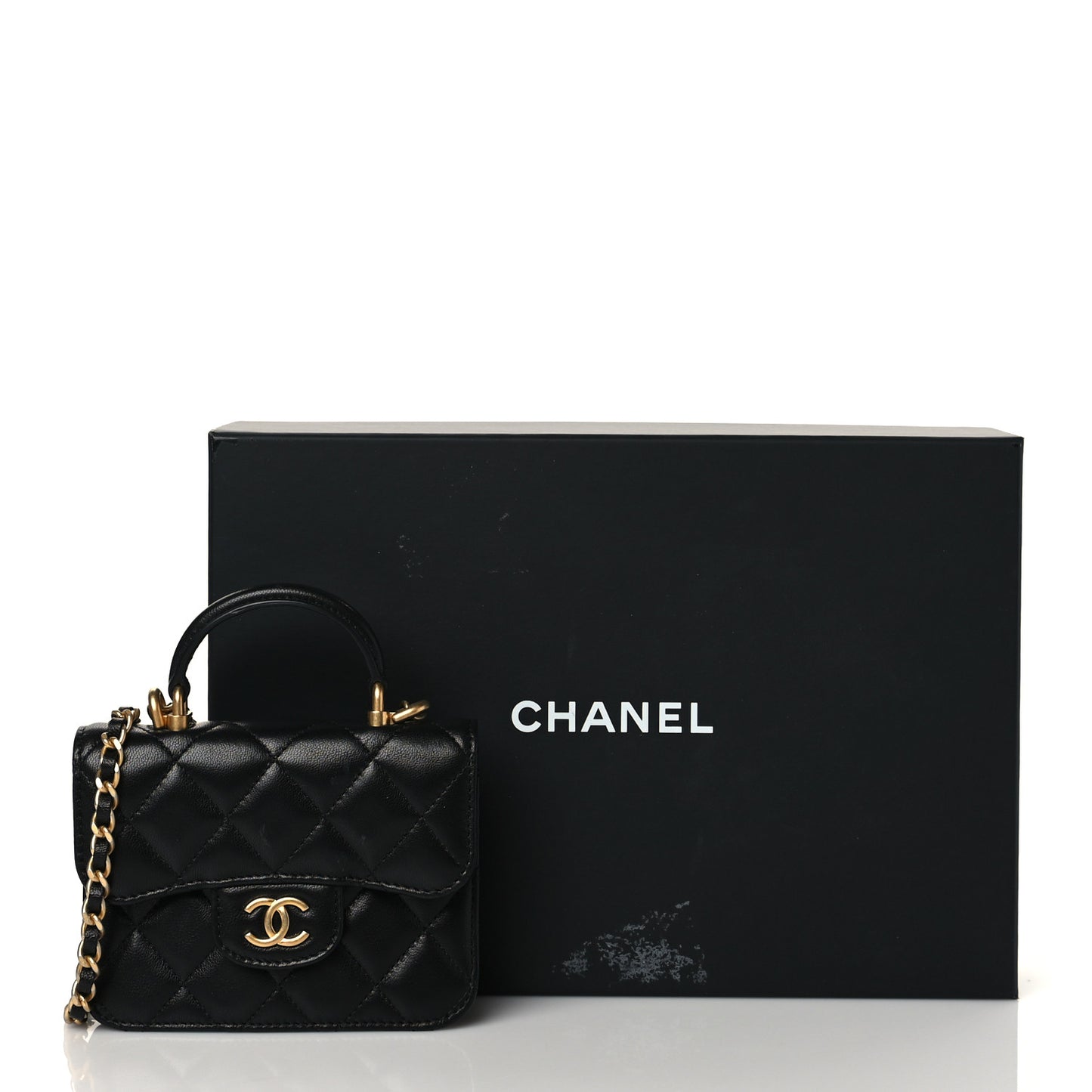 Lambskin Quilted Top Handle Flap Coin Purse With Chain Black